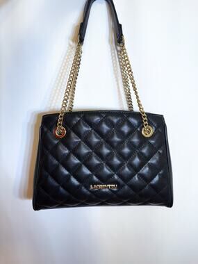 Quilted Genuine Cowhide Leather Office Work Chain Bag Black 10.5x4.5x7.5”